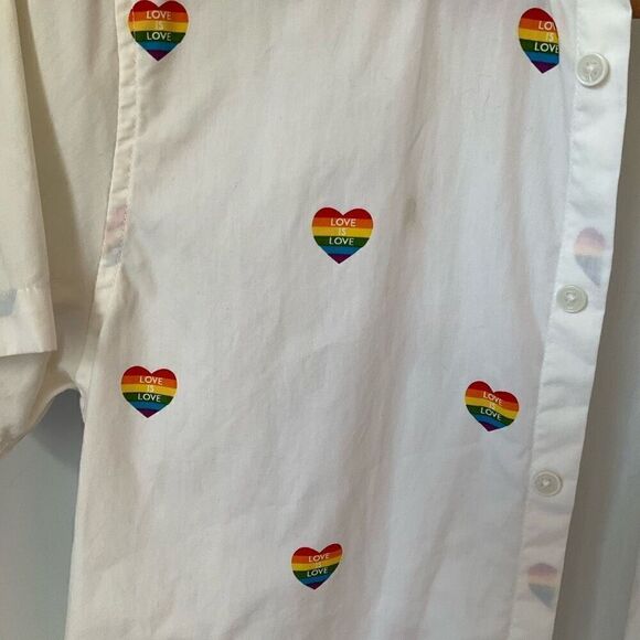 Mens Denim and Flower Rainbow Heart Button Up, Small. Slim fit. Pride! - Picture 12 of 14